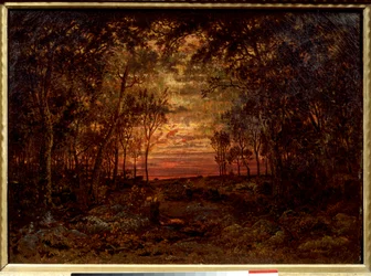 Zachód słońca w lesie Obraz Theodore Rousseau (1812-1867) XIX-wieczna szkoła Barbizon. Ciemny. 0,46x0,62m. Olej na płótnie. .