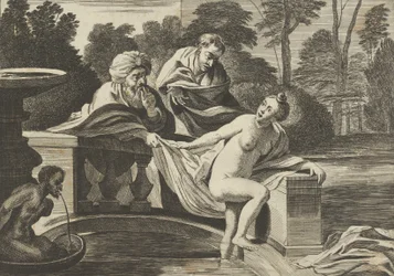 Zuzanna, częściowo naga i wychodząca z fontanny, z dwoma starcami po lewej, z których jeden..., ok. 1656-60
