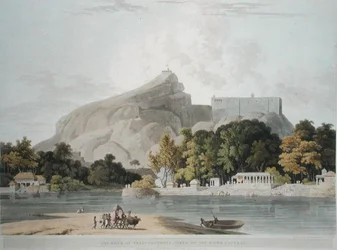 Skała Trichinopoly, wykonana na rzece Cauvery, tablica 45 z „Oriental Scenery: Twenty Four Views in Hindoostan”, rytowana przez Thomasa i Williama (1769-1837) Daniell