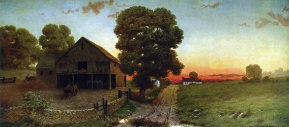Zachód słońca w New Hampshire, ok. 1910 r. Według Thomasa Morana (1837-1926), amerykańskiego artysty urodzonego w Anglii. Stany Zjednoczone Krajobraz Pastwisko Tor Farmyard Barn Cart Drzewo Niebo Wieczór