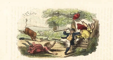 Rodzina botaników zaatakowana przez szarżującego byka na polu. ,1831 (grawerowanie)