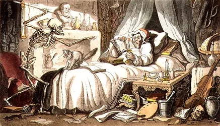 „Fungus, ilgainiui, sumano į savo kabinetą patekti/Mirties smiginį“, iš „English Dance of Death“ aludės. Rudolph Ackermann (1764-1834) 1814 (akvatinta)polis