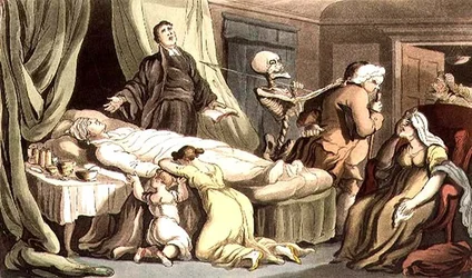 „Żadna scena nie jest tak błogosławiona w oczach cnoty / Jak umiera człowiek cnoty” z pubu „English Dance of Death”. autorstwa Rudolpha Ackermanna (1764-1834) 1814 (akwatinta)