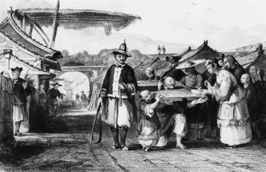 Kara za pomocą tcha lub cangue (drewnianego jarzma lub pręgierza), rycina Thomasa Alloma (1804-1872) z Cesarstwa Chińskiego