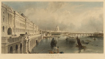 "Widok Londynu, Anglia, z budynku Somerset House Marine Building, z katedrą św. Pawła i mostem London Bridge". Litografia
