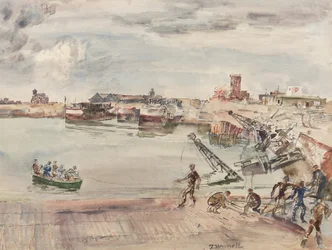 Doki ex entrepots (sic!) Portu Calais Bassin Ouest, 1944 (ołówek, długopis, atrament, pędzel i toaleta na papierze)