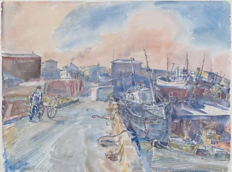 Reykjavik z głównego nabrzeża, mroźny poranek, Islandia, ok. 1930 r. (akwarela i ołówek na papierze)