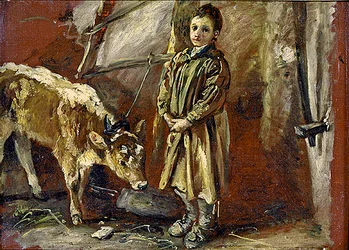 Chłopiec z łydką na uwięzi (olej na płótnie)