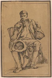 Czterdzieści impresji litograficznych z Drawings of Landscape Scenery autorstwa Thomasa Barkera, wybrane z jego Studies of Rustic Figures after Nature: [Siedzący mężczyzna z koszami trzymający kapelusz i laskę