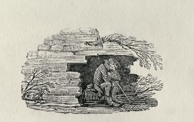 Siedzący mężczyzna schronienie „Historia brytyjskich ptaków i czworonogów” (rycina)
