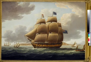 "Ville de Paris", przy pełnych żaglach, 110-działowy okręt pierwszej klasy brytyjskiej marynarki wojennej, zbudowany w 1795 r. w stoczni Chatham (Anglia).
