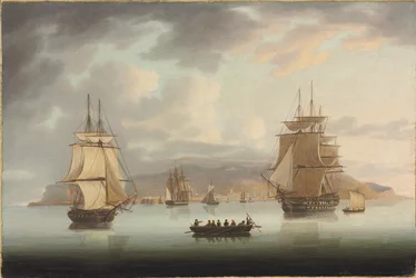 Funchal Roadstead, H.M.S. Blenheim z chartem i błotniakiem na zewnątrz, 1805