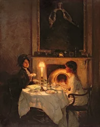 Rozmówca, blask świec i herbata (olej na płótnie)