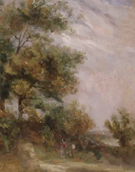 Pejzaż z drzewami i figurami (recto) (olej na panelu)