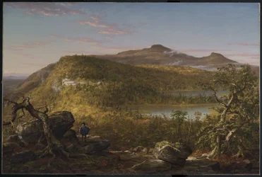 Widok na dwa jeziora i Mountain House, góry Catskill, poranek