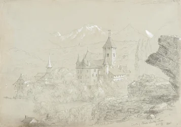 Zamek Spiez, 1841 (ołówek i gwasz na szaro-zielonym papierze)