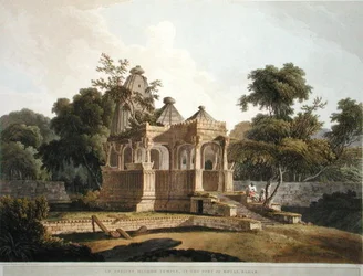 Antyczna świątynia hinduska w forcie Rotas, Bahar, tablica 12 z „Oriental Scenery: Twenty Four Views in Hindoostan”, opublikowana w 1796 r. (kolor litho)