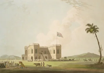 The Assembly Rooms na torze wyścigowym w pobliżu Madrasu, płyta 37 z „Oriental Scenery: Twenty Four Views in Hindoostan”, ryt. Thomas i William (1769-1837) Daniell, wydana w 1798 r.