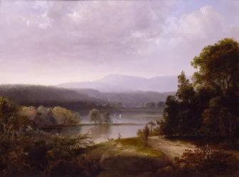 Widok na rzekę z myśliwymi i psami, ca. 1850.
