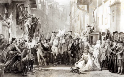 Książę Karol Edward (1720-88) i górale wkraczający do Edynburga po bitwie pod Preston, 21 września 1745 (patrz 105438)