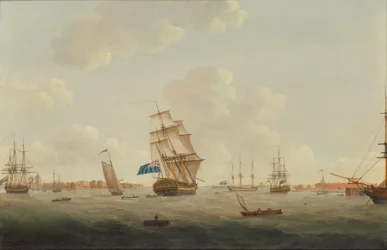 Panorama portu Portsmouth z ludźmi wojny i innymi statkami