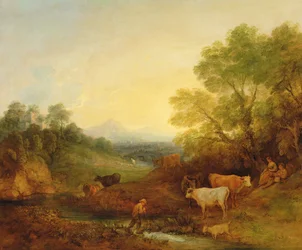 Pejzaż z bydłem i postaciami nad strumieniem i odległym mostem, ok. 1772-4 (olej na płótnie)