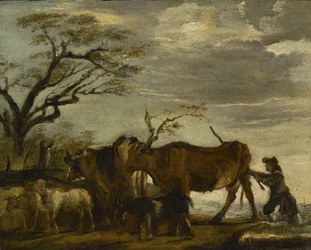 Chłop prowadzący bydło, owce i kozy w krajobrazie, ok. 1785 r