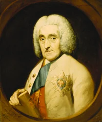 Portret lorda Chesterfielda, długość biustu, noszący order podwiązki, trzymający książkę, w malowanym owalu, 1769