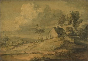 Zalesiony krajobraz z chatą, krowami i owcami, ca. 1770.