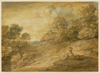 Waldlandschaft mit Figuren und gewundenem Pfad zu einem Cottage