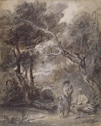 Zalesiony pejzaż z figurami, ok. 1788 (kreda, wash i gwasz na papierze)
