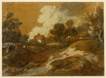 Waldlandschaft mit Hütte und Kühen