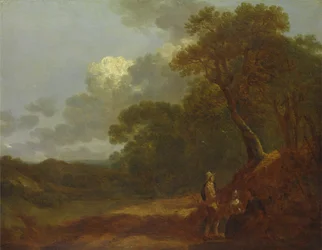 Zalesiony krajobraz z mężczyzną rozmawiającym z dwiema siedzącymi kobietami, ca. 1745.