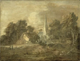 Zalesiony krajobraz ze sceną wiejską, początek 1770-72