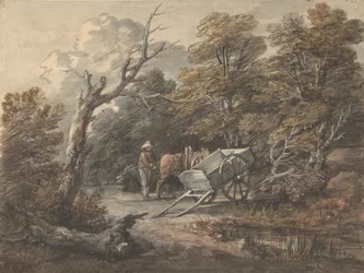 Scena leśna z chłopem, koniem i wozem, ca. 1760.