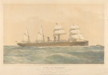 Statek parowy Austral należący do Orient Steam Navigation Company Limited, ok. 1868-74 (kolorowa litografia)