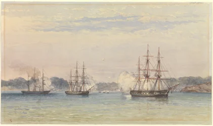 Wojna chińska 1857 r., trzy okręty HM bombardujące i łodzie okrętowe na lądzie