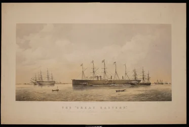 Great Eastern, opuszczający Sheerness z Atlantyckim Kablem Telegraficznym na pokładzie, czerwiec 1866 r. (litografia, barwiona)