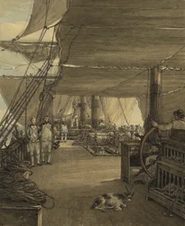 Scena na pokładzie HMS "Deal Castle" podczas podróży z Indii Zachodnich w 1775 roku. Akwarela