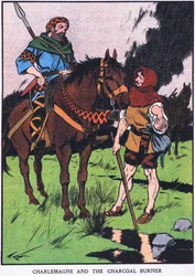 Karol Wielki i palnik na węgiel drzewny (kolorowa litografia)