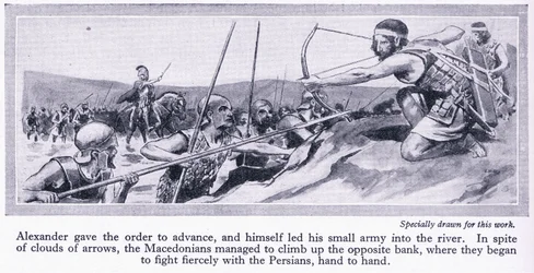 Jak Aleksander zdobył swoje imperium: Król Persji Dariusz zgromadził wielką armię, która została pokonana przez Macedończyków w 334 r. p.n.e., ok. 1950 r. (litografia)