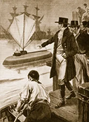 Robert Fulton we Francji pokazujący swój okręt podwodny "Nautilus" w akcji (litografia)