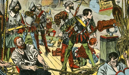 Mały "Revenge" walczy z pięćdziesięcioma hiszpańskimi galeonami (kolorowa litografia)