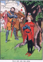 Syn Wilhelma Tella i jabłko (kolorowa litografia)