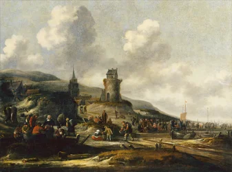Widok na Scheveningen z rybakami sprzedającymi swój połów