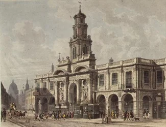 A View of The Royal Exchange, Cornhill, grawerowane przez Daniela Havella (1785-1826), wyd. 1816 przez „Repozytorium Sztuki” Ackermanna (akwatinta)