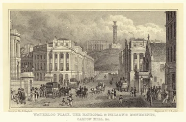 Waterloo Place, pomniki narodowe i pomniki Nelsona, Calton Hill itp. (grawerowanie)