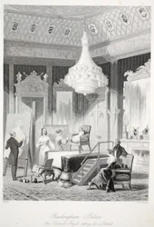 Pałac Buckingham - Księżniczka Królewska siedząca do portretu, z londyńskich wnętrz z ich kostiumami i ceremoniami pub. Joseph Mead, Londyn, ok. 1843 staloryt.
