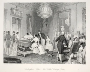 Pałac Buckingham, Żółty Salonik, z pubu „London Interiors with Your Costumes and Ceremonies”. Joseph Mead, Londyn, c.1843 (rycina stalowa)