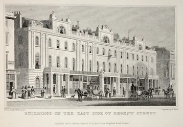 Budynki po wschodniej stronie Regent Street, z pubu „Londyn i jego okolice w XIX wieku”. Jones und Co., 1827-1829